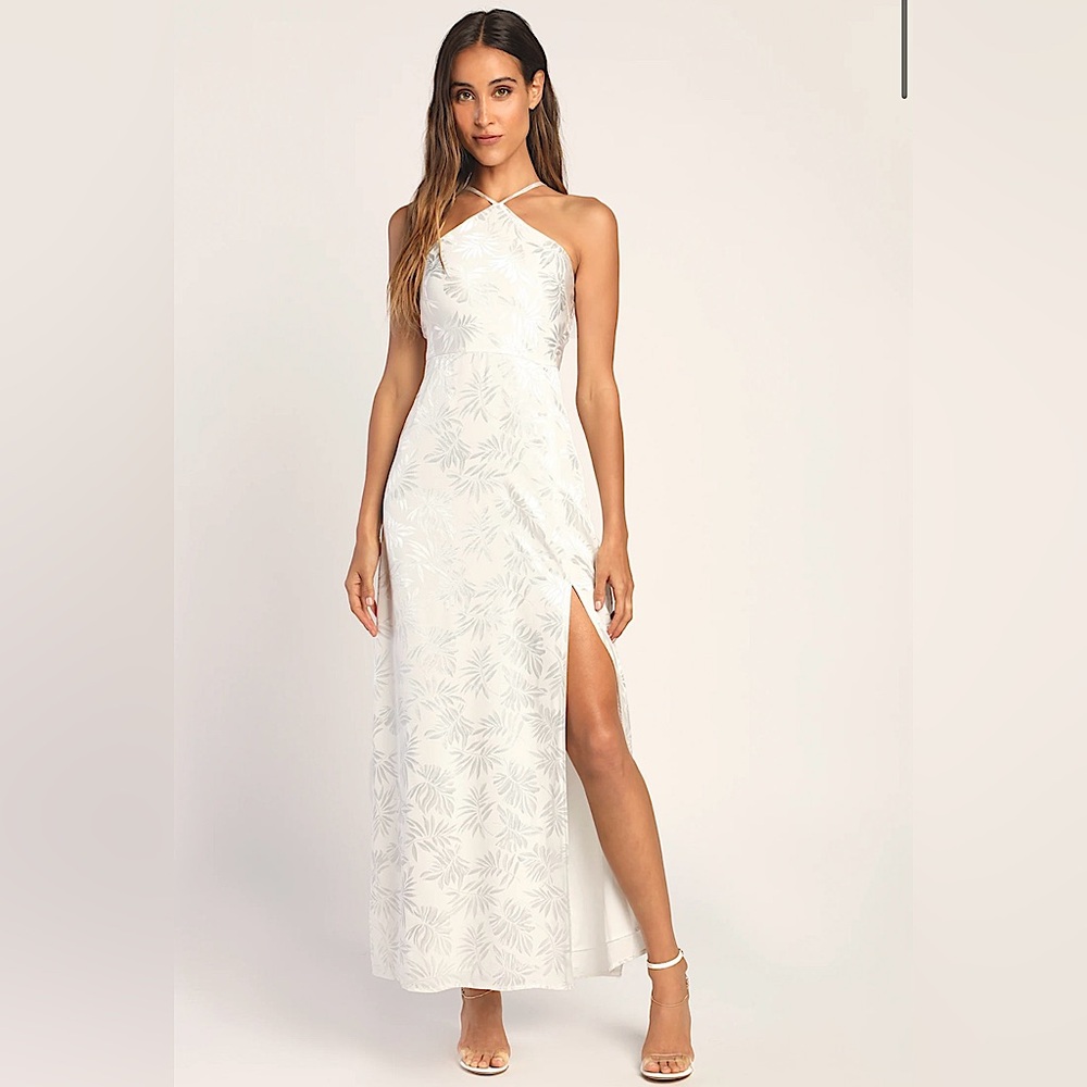 Lulus Elegant Expressions White Satin Leaf Print Halter Maxi Dress